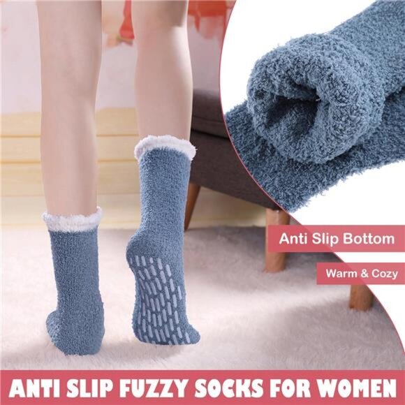 Non Slip Fuzzy Socks for Women Cozy Hospital Socks Soft Fluffy with Grips Socks - Picture 5 of 7